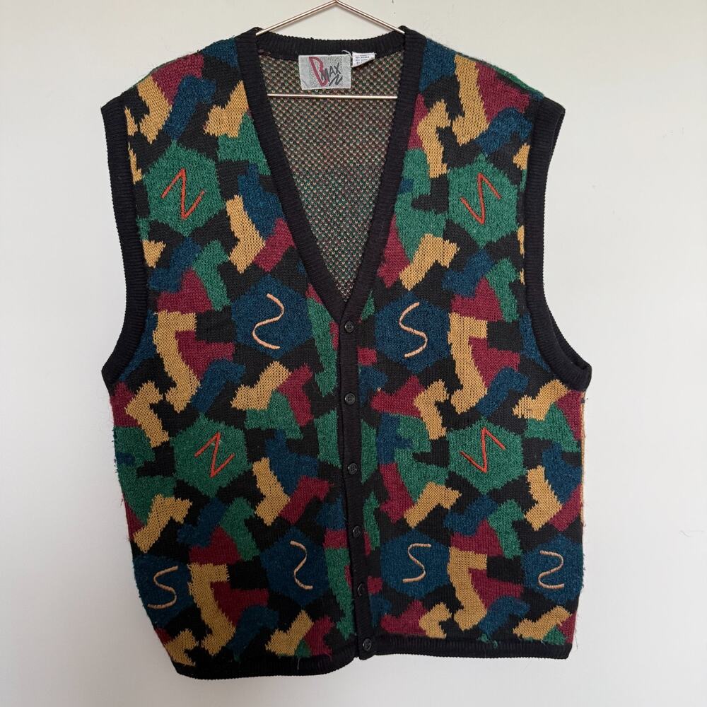 Vintage Bmax Mens Mohair Wool Sweater Vest Size L/XL 1980s Fresh Prince Retro